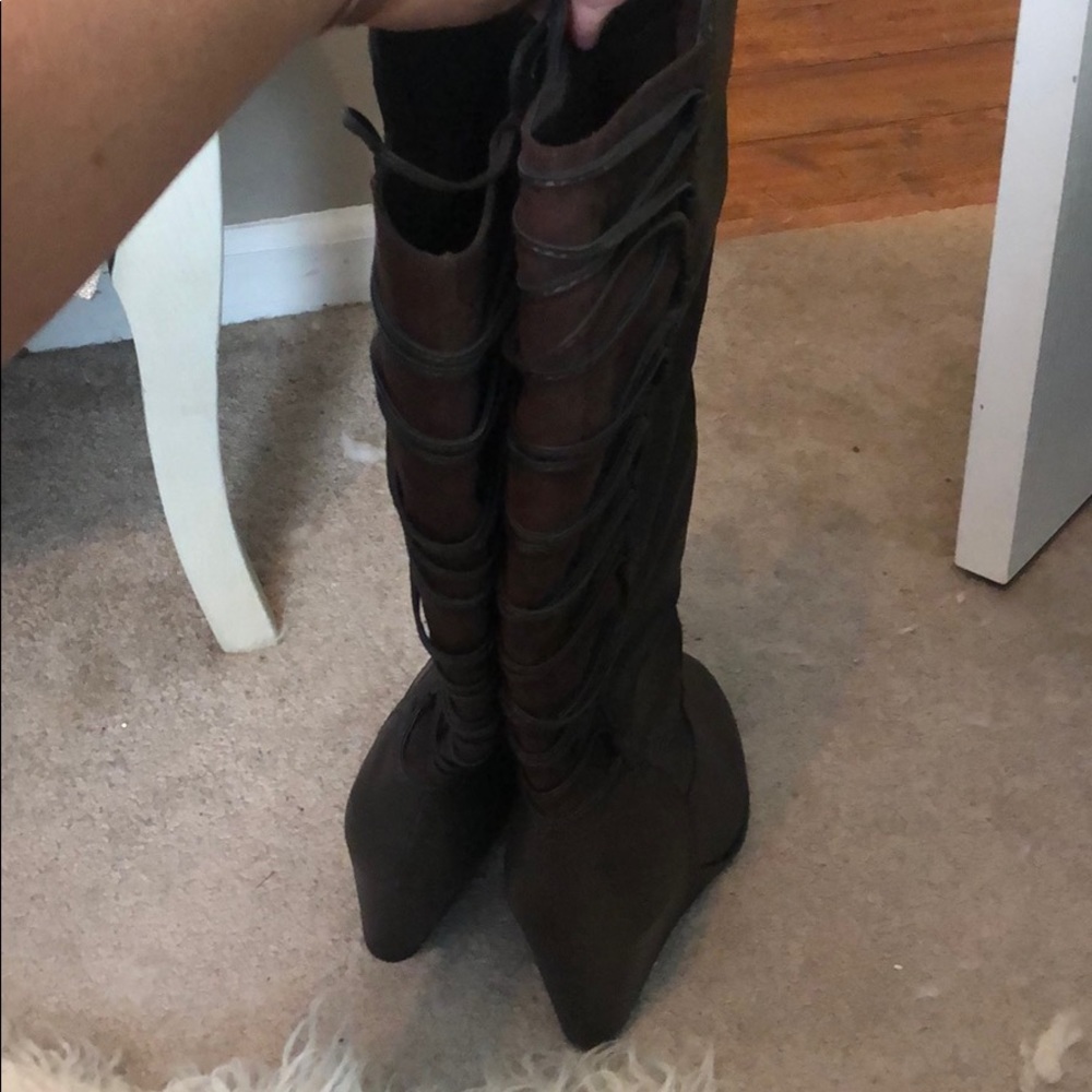 Lace up wedge knee high boots